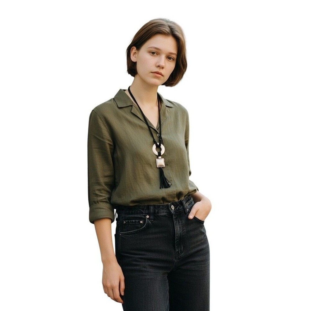 Chico's Fleur Black Leather Corded Matte Gold Tone Pendant Necklace